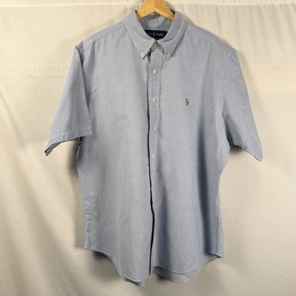 Ralph Lauren Classic Fit Oxford Shirt Short Sleeve Light Blue Cotton OCBD Men XL